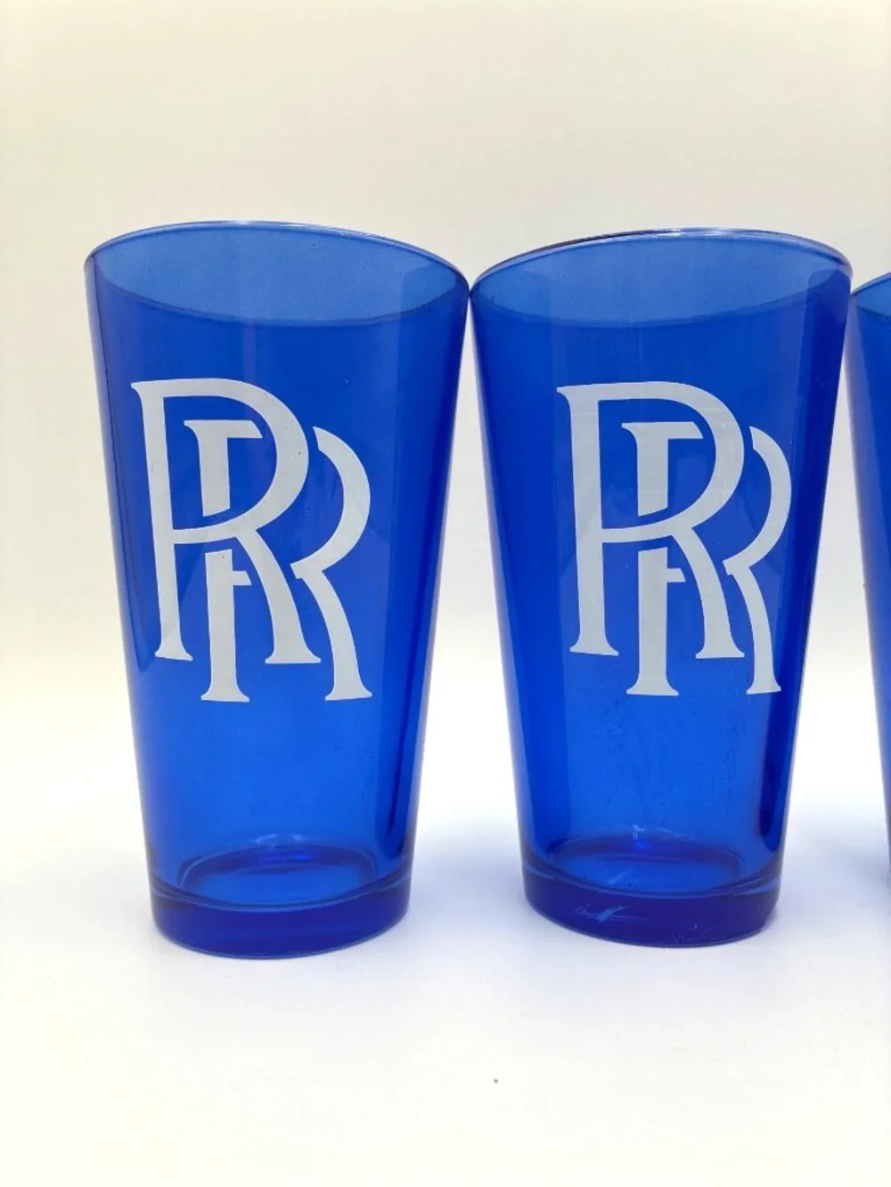 Set Of 4 Rolls-Royce RR Logo Drinking Glass Blue Frosted White Logo 16oz